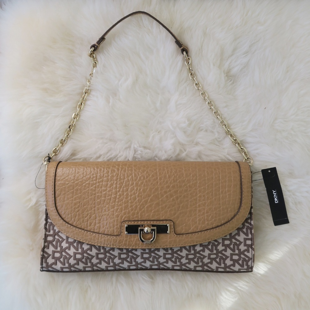 DKNY Chino Tan Leather Fabric Clutch Shoulder bag